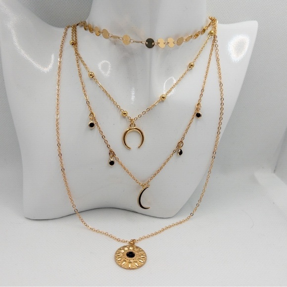 Boho Multi Layer Moon Pendant Gold Tone Necklace Festival Astrology Contemporary - Picture 4 of 9